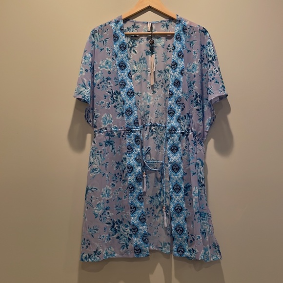 NWT (XS) Nanette Lepore swim wrap in lilac turquoise gold fringe tassels kaftan - Picture 4 of 14